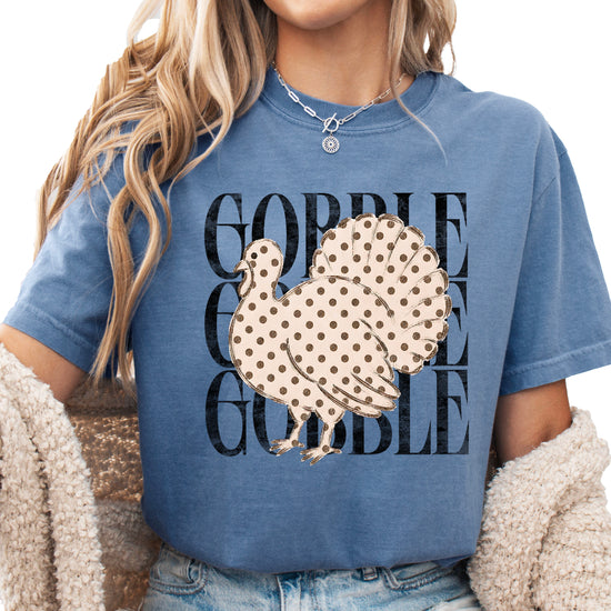 Gobble Gobble turkey Thanksgiving shirt, Blue Jean Comfort Colors tee, front