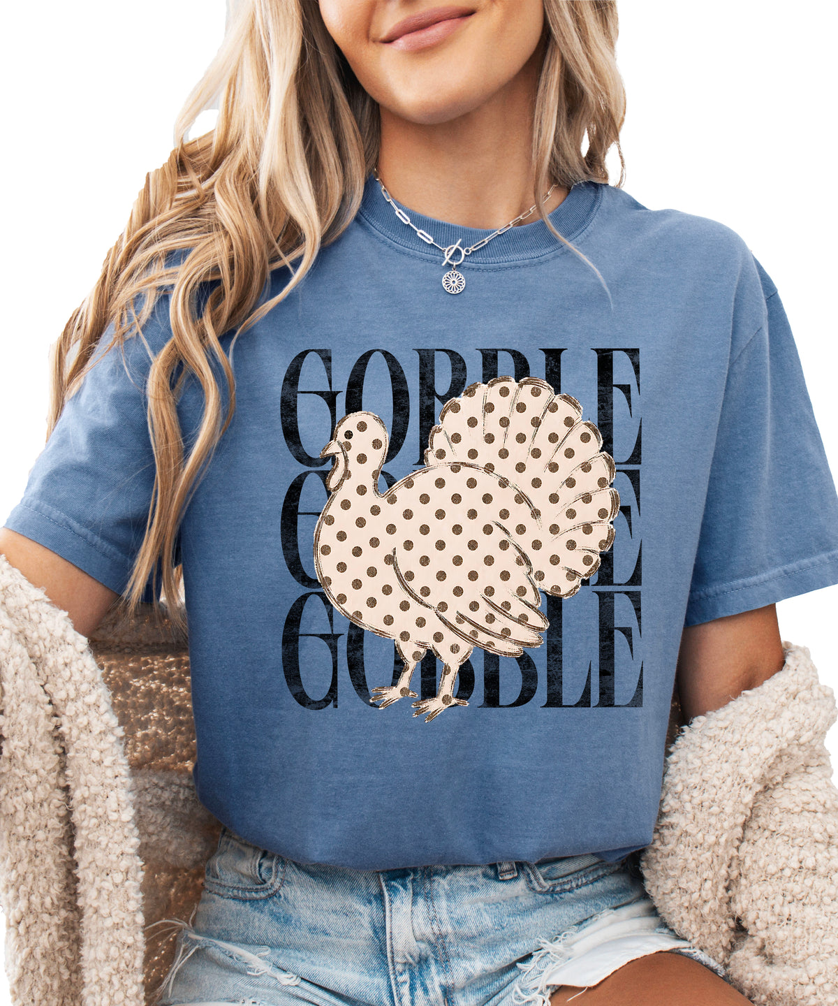 Gobble Gobble turkey Thanksgiving shirt, Blue Jean Comfort Colors tee, front