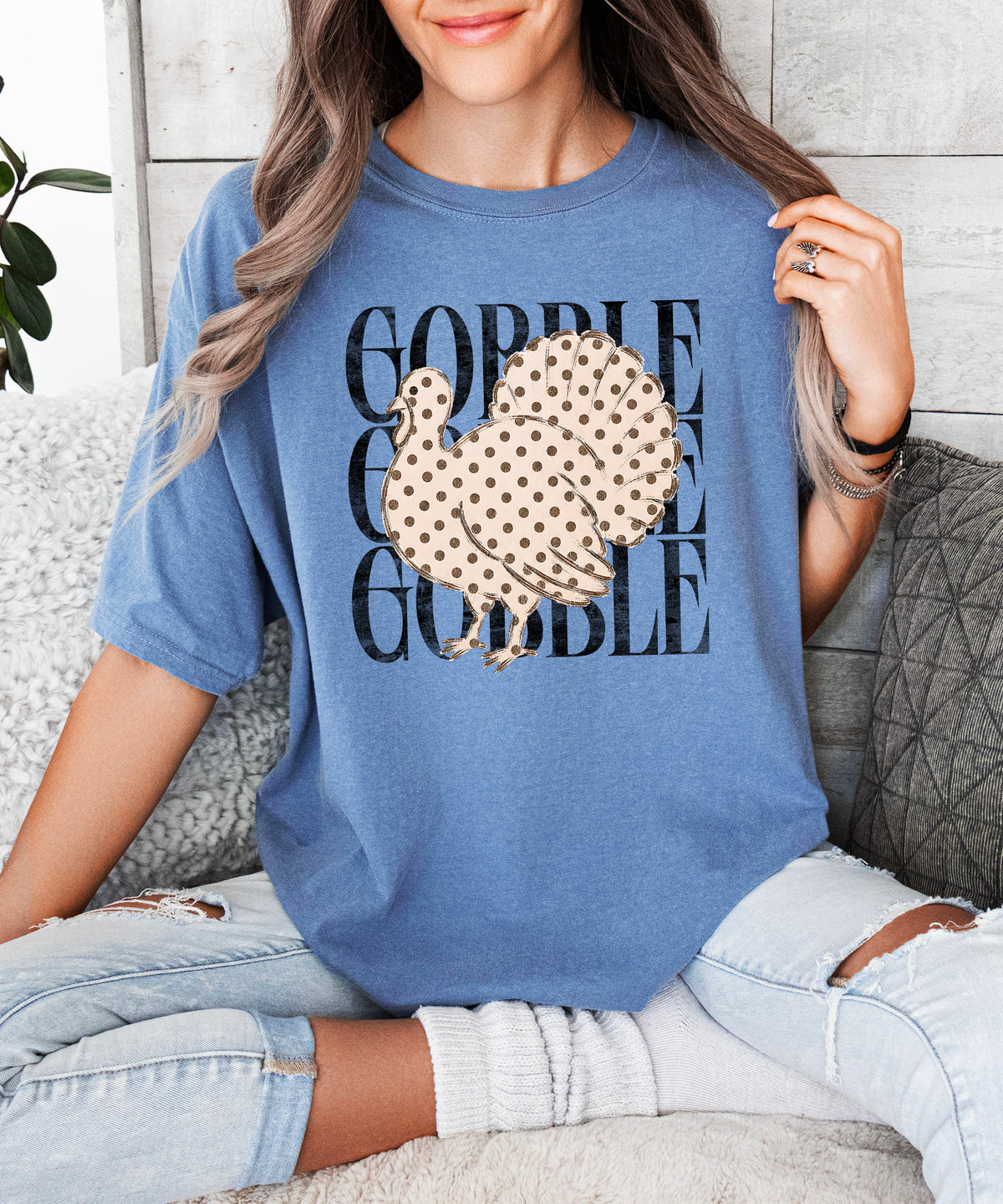 Gobble Gobble turkey Thanksgiving shirt, Blue Jean, view 2