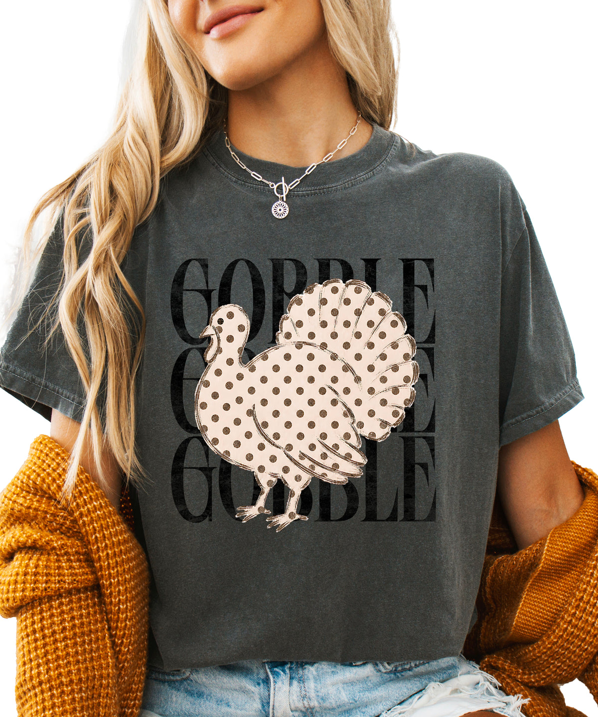 Gobble Gobble turkey Thanksgiving shirt, Pepper Comfort Colors tee, front
