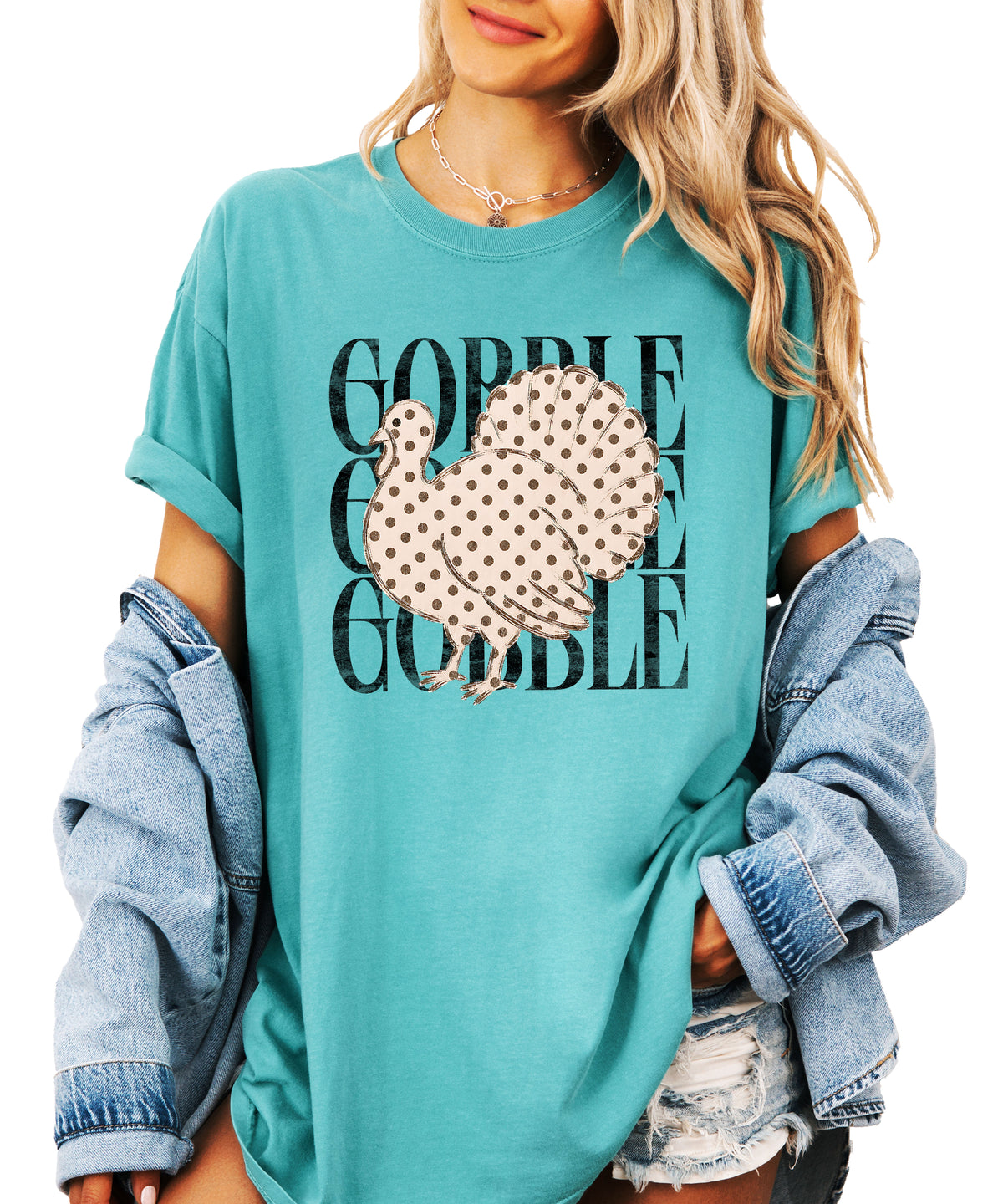 Gobble Gobble turkey Thanksgiving shirt, Seafoam, view 3
