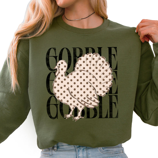 Gobble Gobble Turkey Thanksgiving Sweatshirt for Women and Girls in Army Green