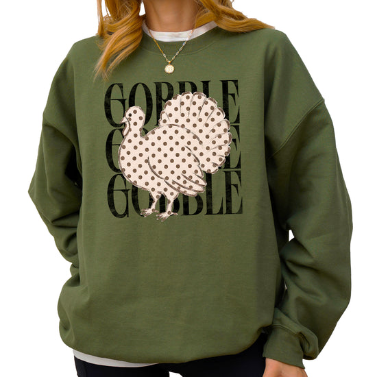Gobble Gobble Turkey Thanksgiving Sweatshirt for Women and Girls in Army Green