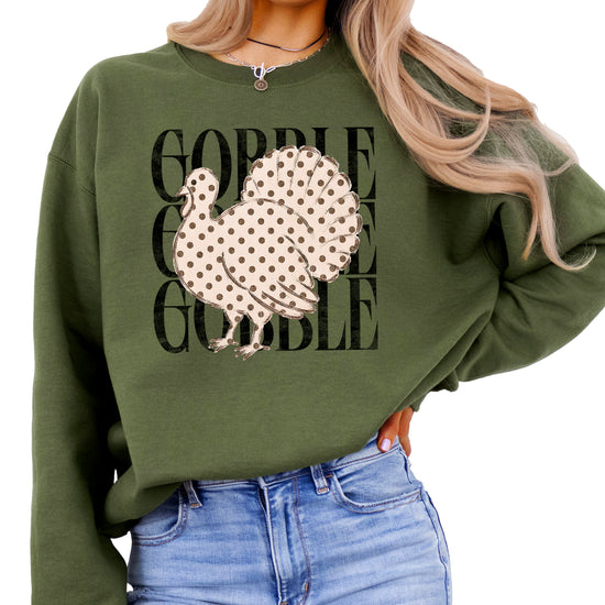 Gobble Gobble Turkey Thanksgiving Sweatshirt for Women and Girls in Army Green