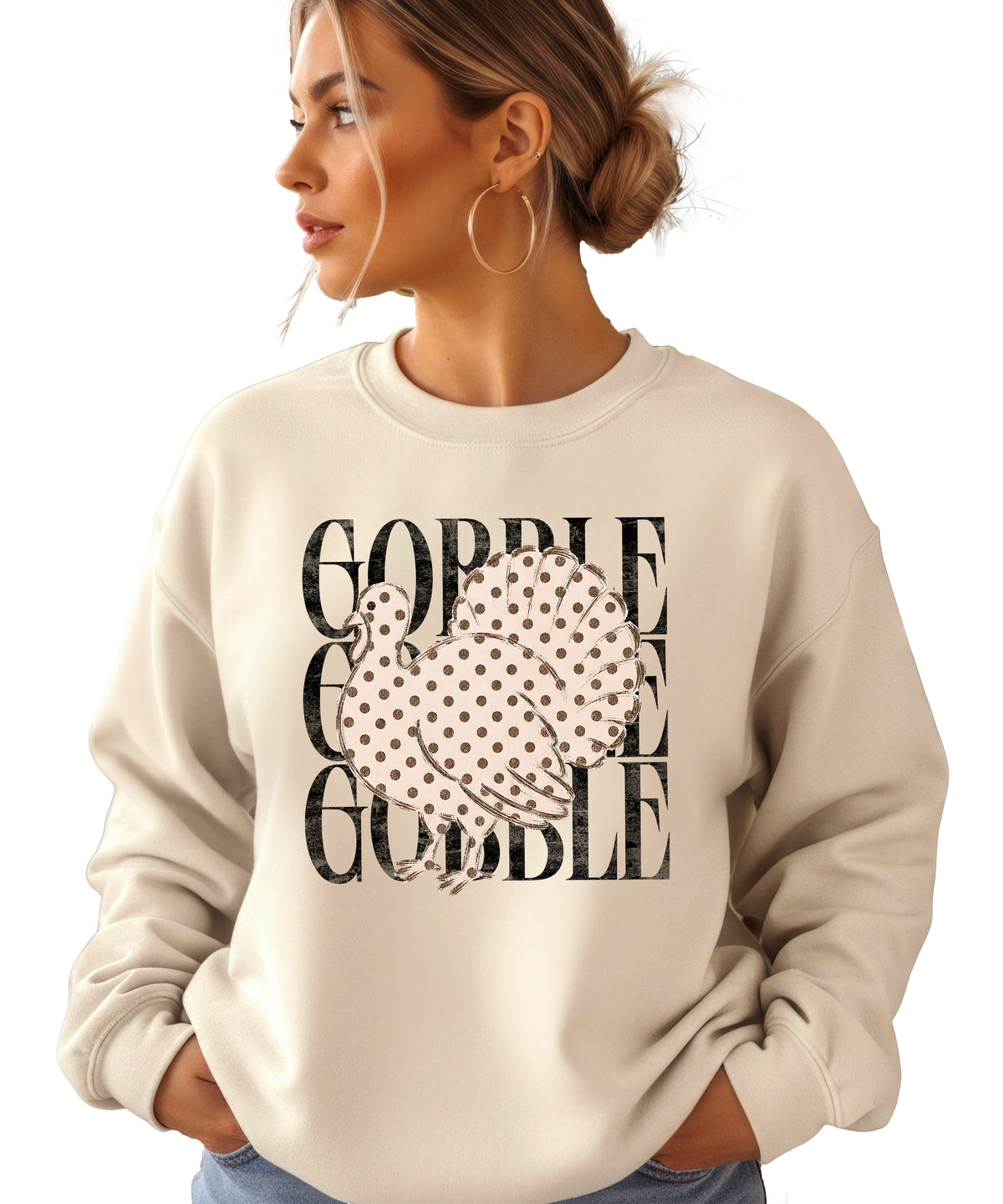 Gobble Gobble Turkey Thanksgiving Sweatshirt for Women and Girls in Sand