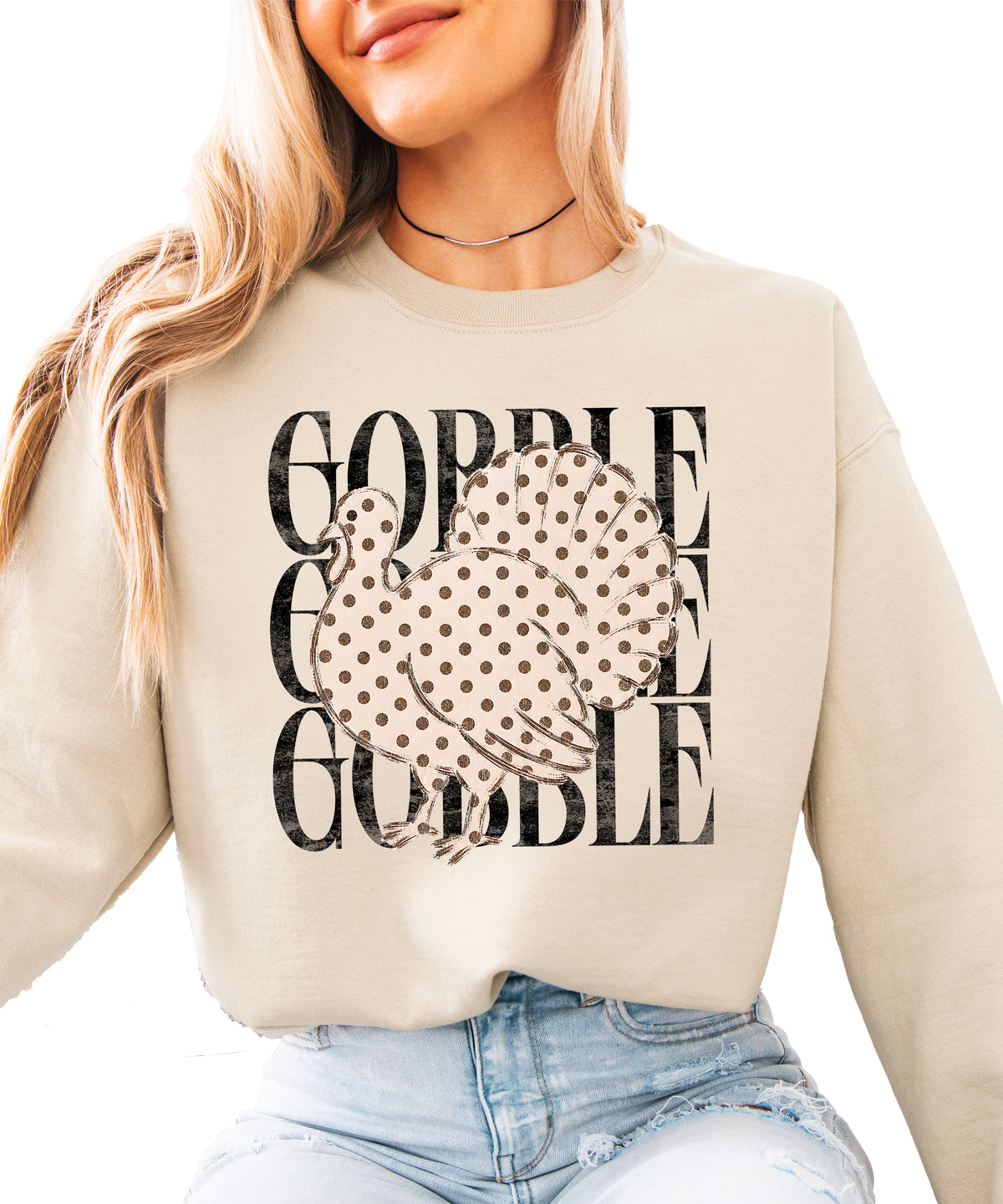 Gobble Gobble Turkey Thanksgiving Sweatshirt for Women and Girls in Sand