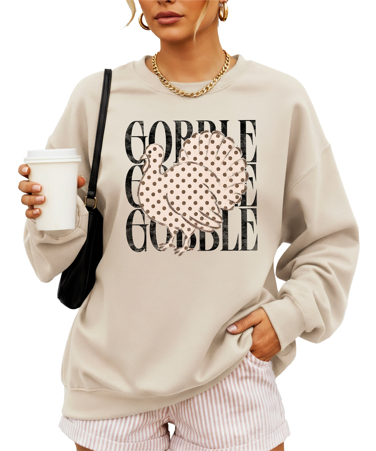 Gobble Gobble Turkey Thanksgiving Sweatshirt for Women and Girls in Sand