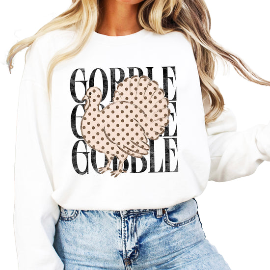 Gobble Gobble Turkey Thanksgiving Sweatshirt for Women and Girls in White
