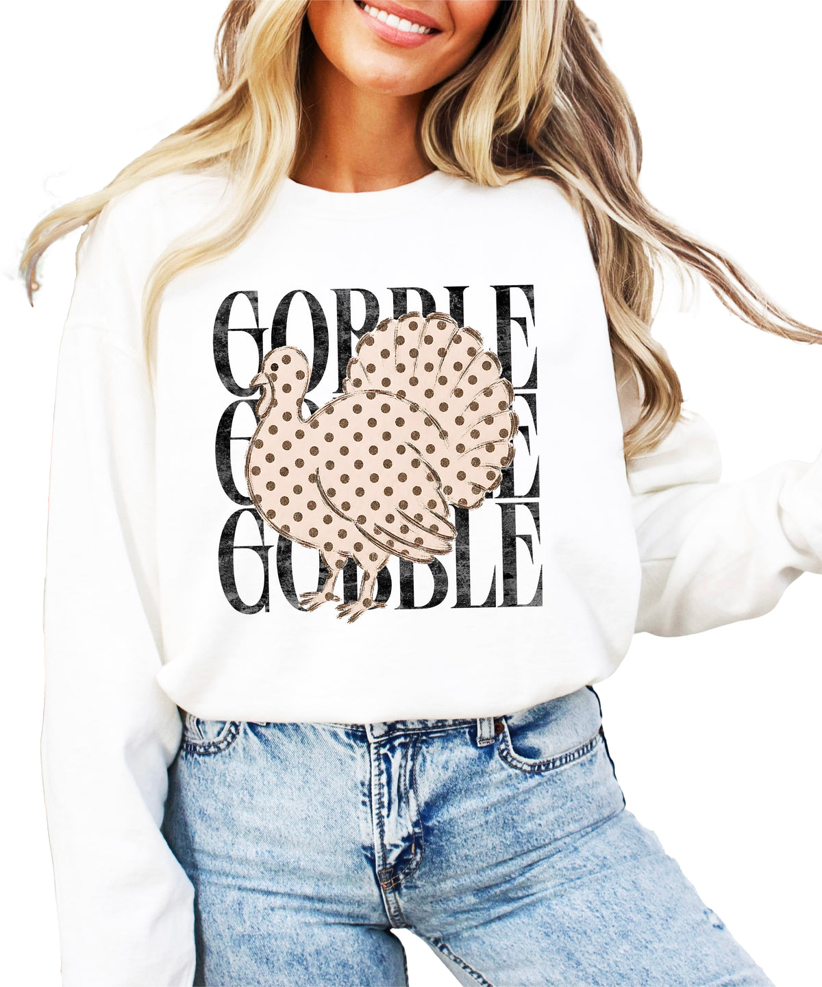 Gobble Gobble Turkey Thanksgiving Sweatshirt for Women and Girls in White