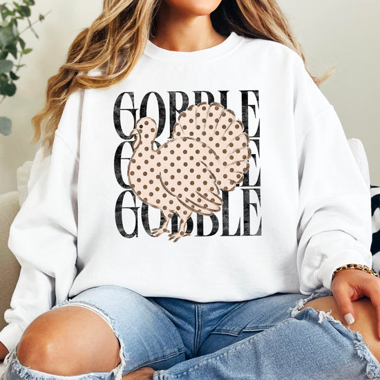 Gobble Gobble Turkey Thanksgiving Sweatshirt for Women and Girls in White