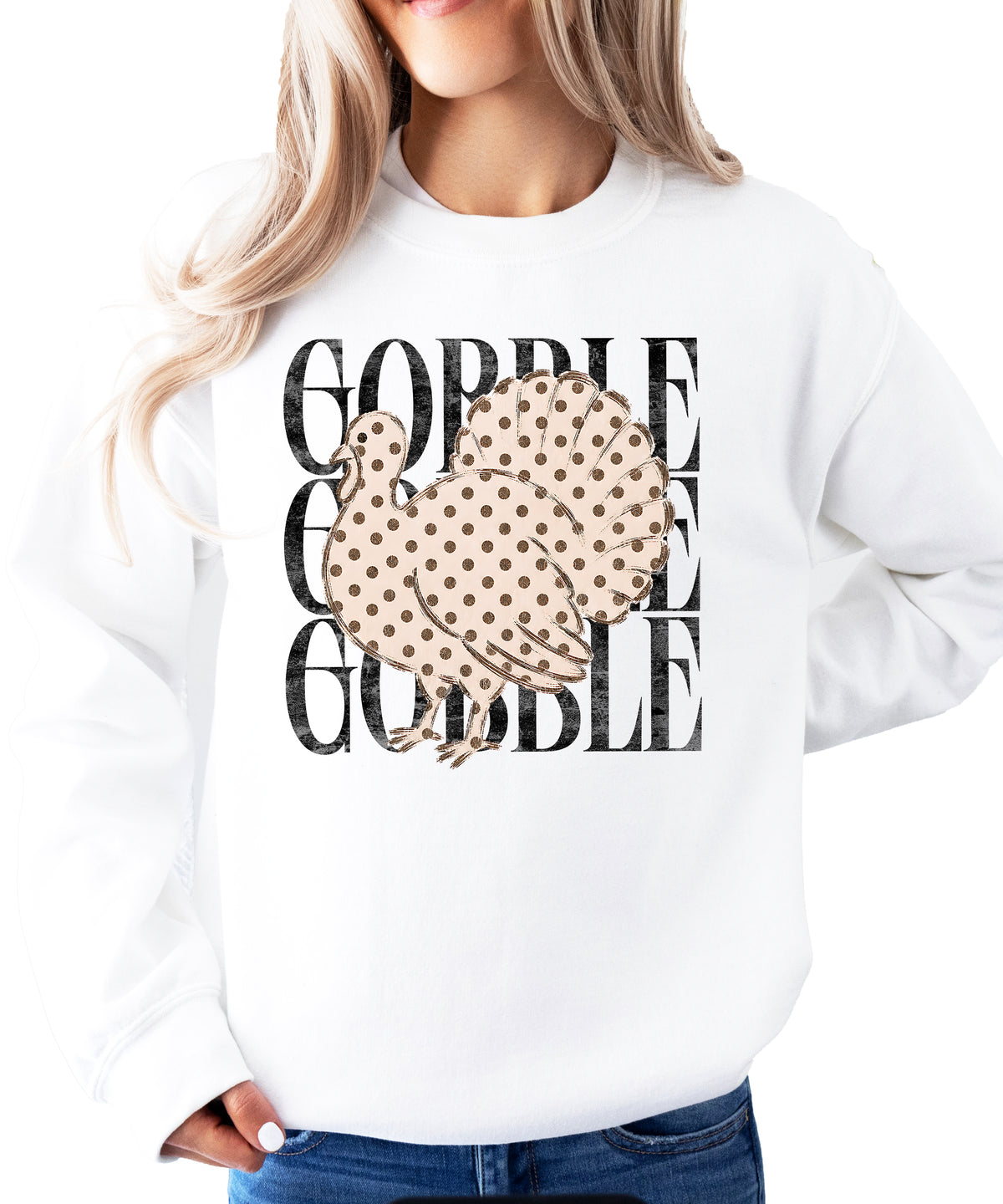 Gobble Gobble Turkey Thanksgiving Sweatshirt for Women and Girls in White