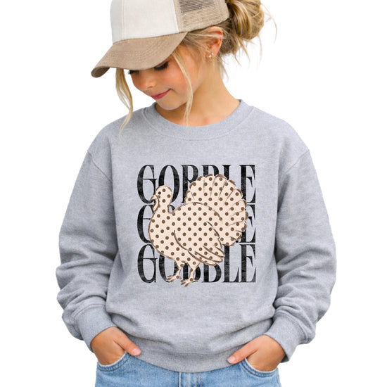 Gobble Gobble Turkey Thanksgiving Sweatshirt for Girls in Youth Gray