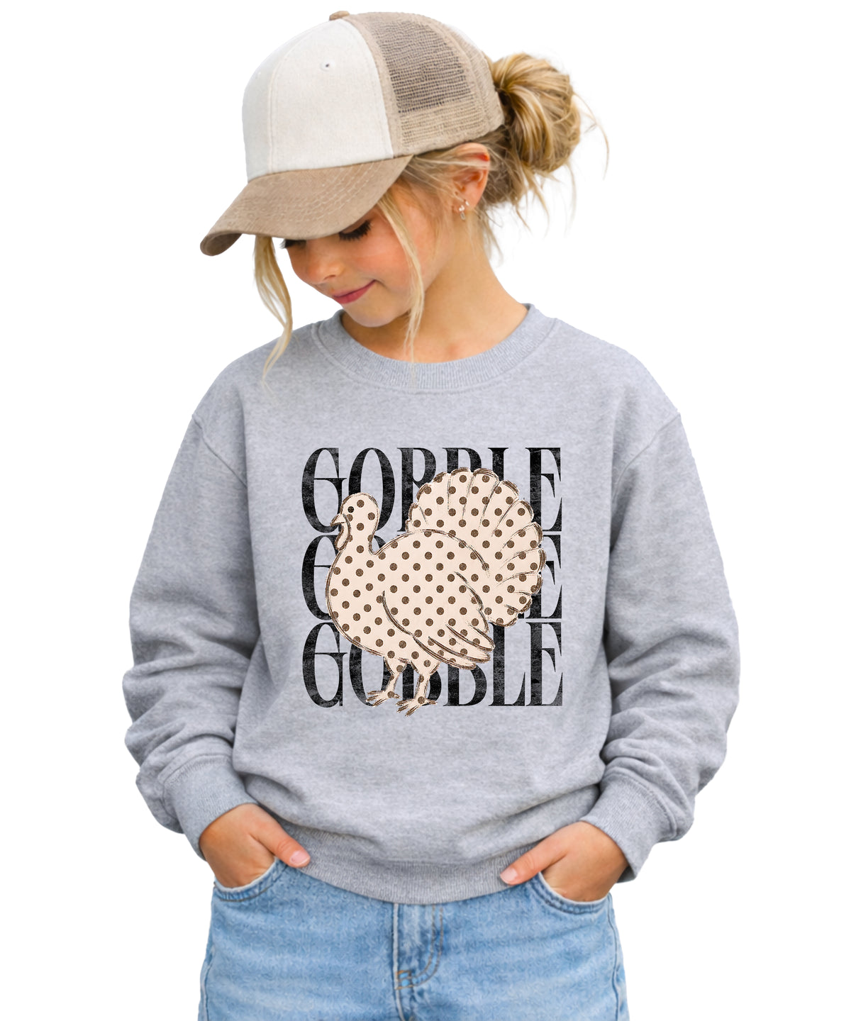 Gobble Gobble Turkey Thanksgiving Sweatshirt for Girls in Youth Gray