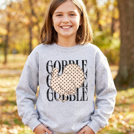 Gobble Gobble Turkey Thanksgiving Sweatshirt for Girls in Youth Gray