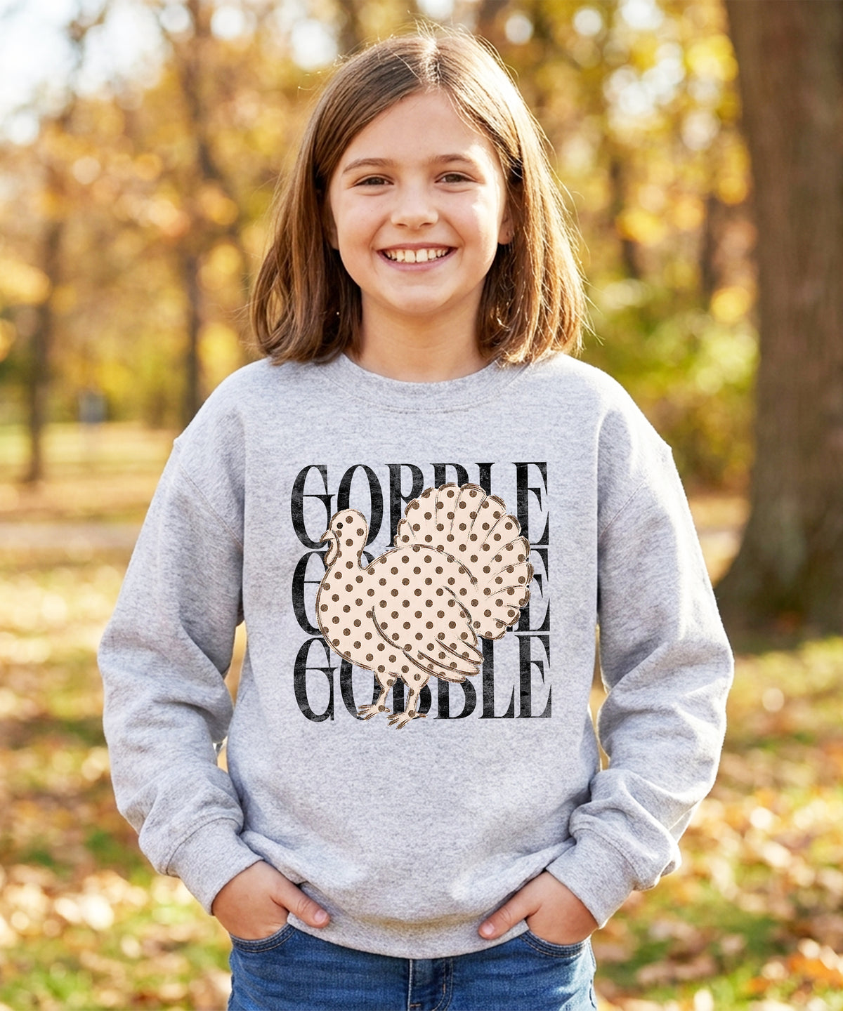 Gobble Gobble Turkey Thanksgiving Sweatshirt for Girls in Youth Gray