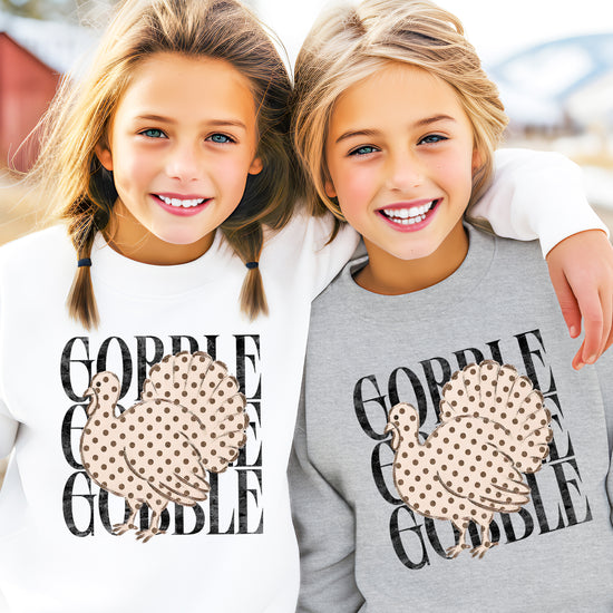 Gobble Gobble Turkey Thanksgiving Sweatshirt for Girls in Youth Gray