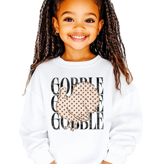 Gobble Gobble Turkey Thanksgiving Sweatshirt for Girls in Youth White