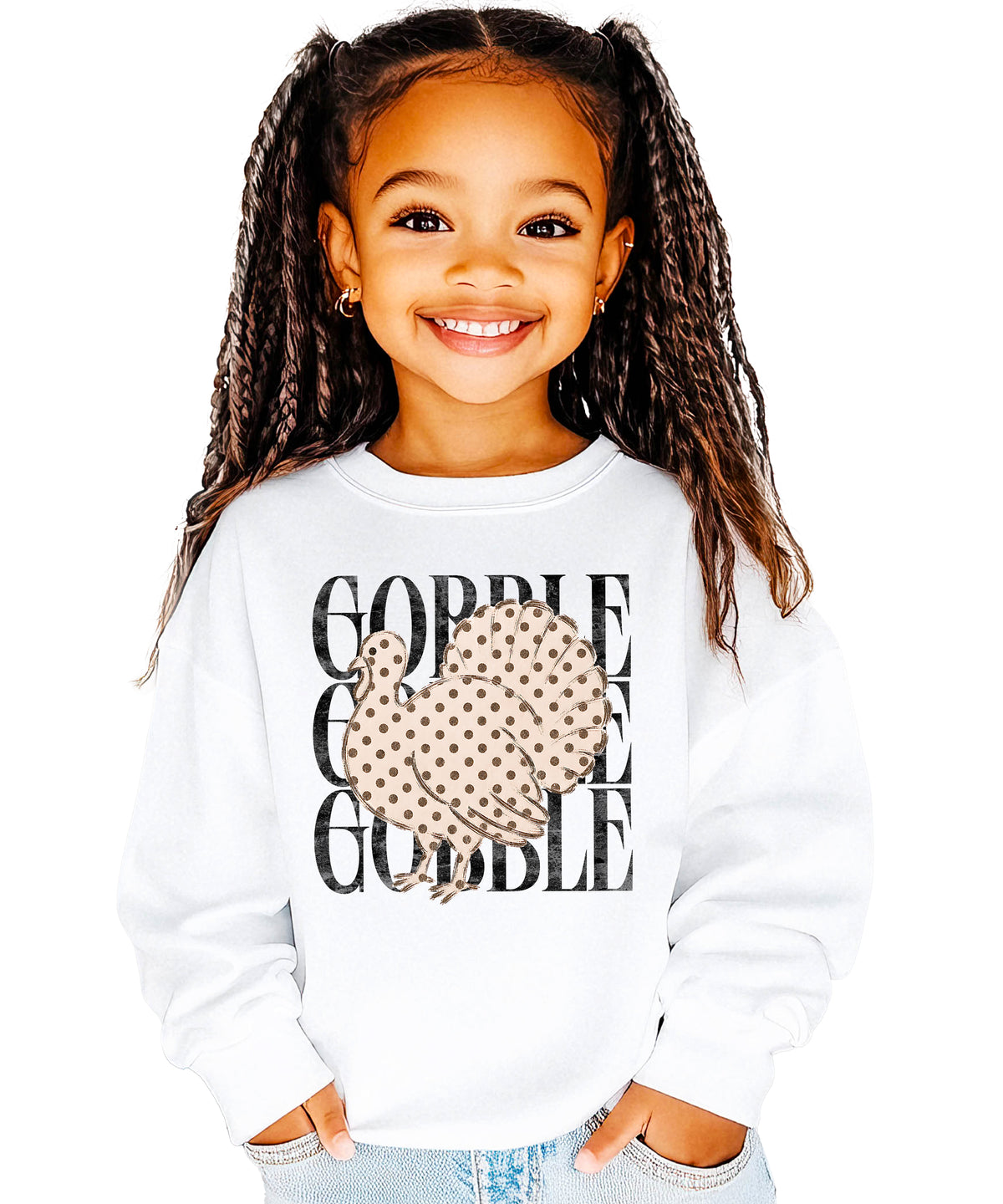 Gobble Gobble Turkey Thanksgiving Sweatshirt for Girls in Youth White