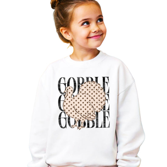 Gobble Gobble Turkey Thanksgiving Sweatshirt for Girls in Youth White