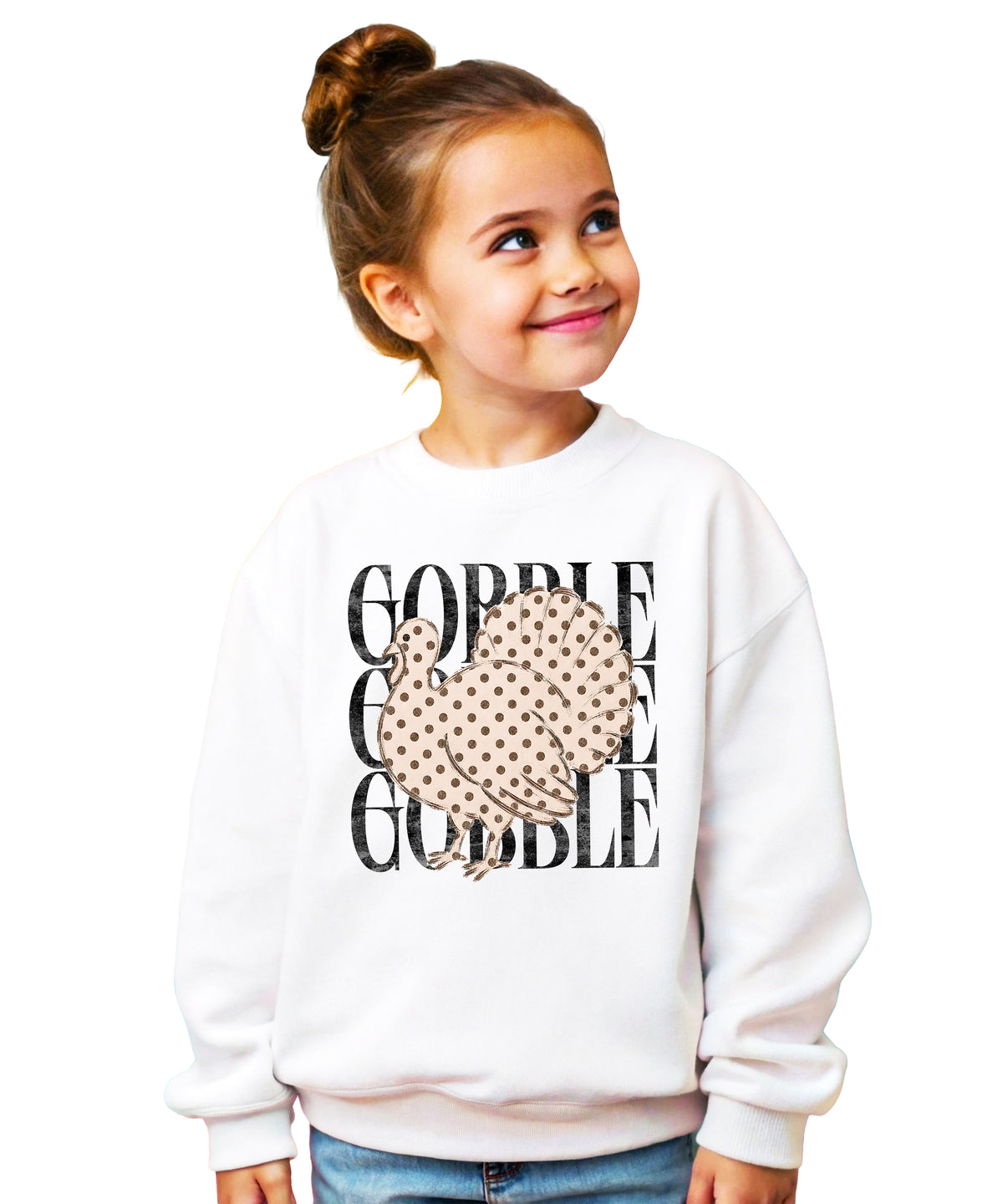 Gobble Gobble Turkey Thanksgiving Sweatshirt for Girls in Youth White