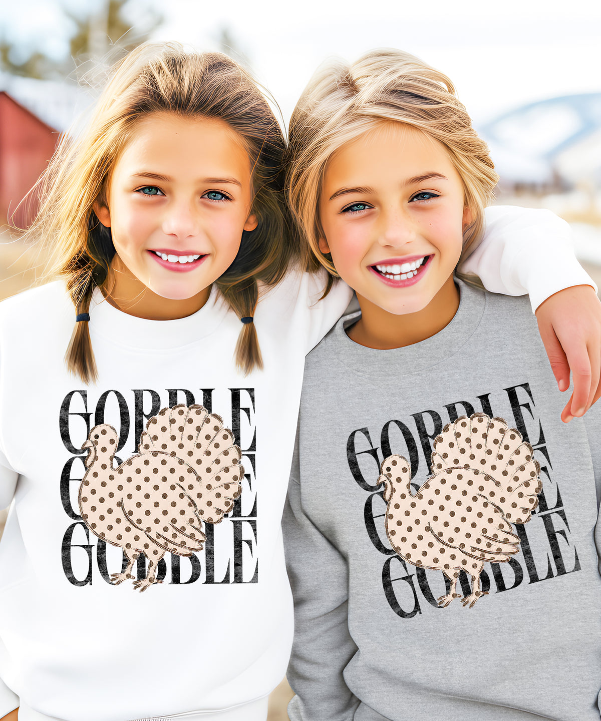 Gobble Gobble Turkey Thanksgiving Sweatshirt for Girls in Youth White