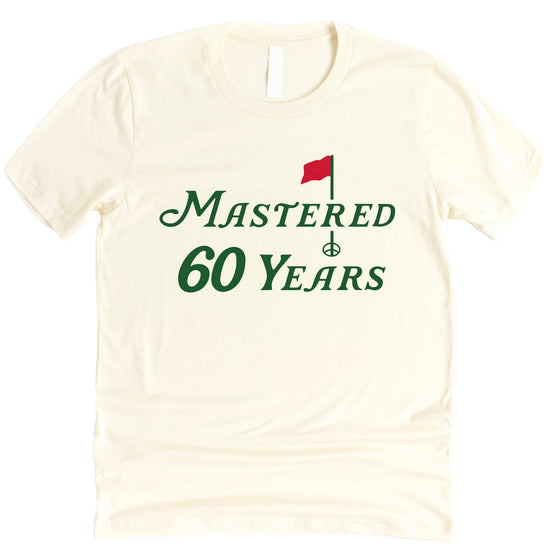Close-up view of Mastered 60 Years 60th birthday golf shirt design with typography