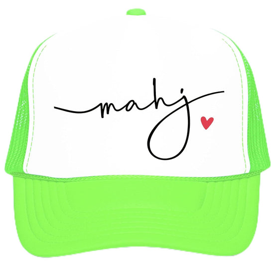 Side view of white and white mahj trucker hat showing mesh back and snapback closure