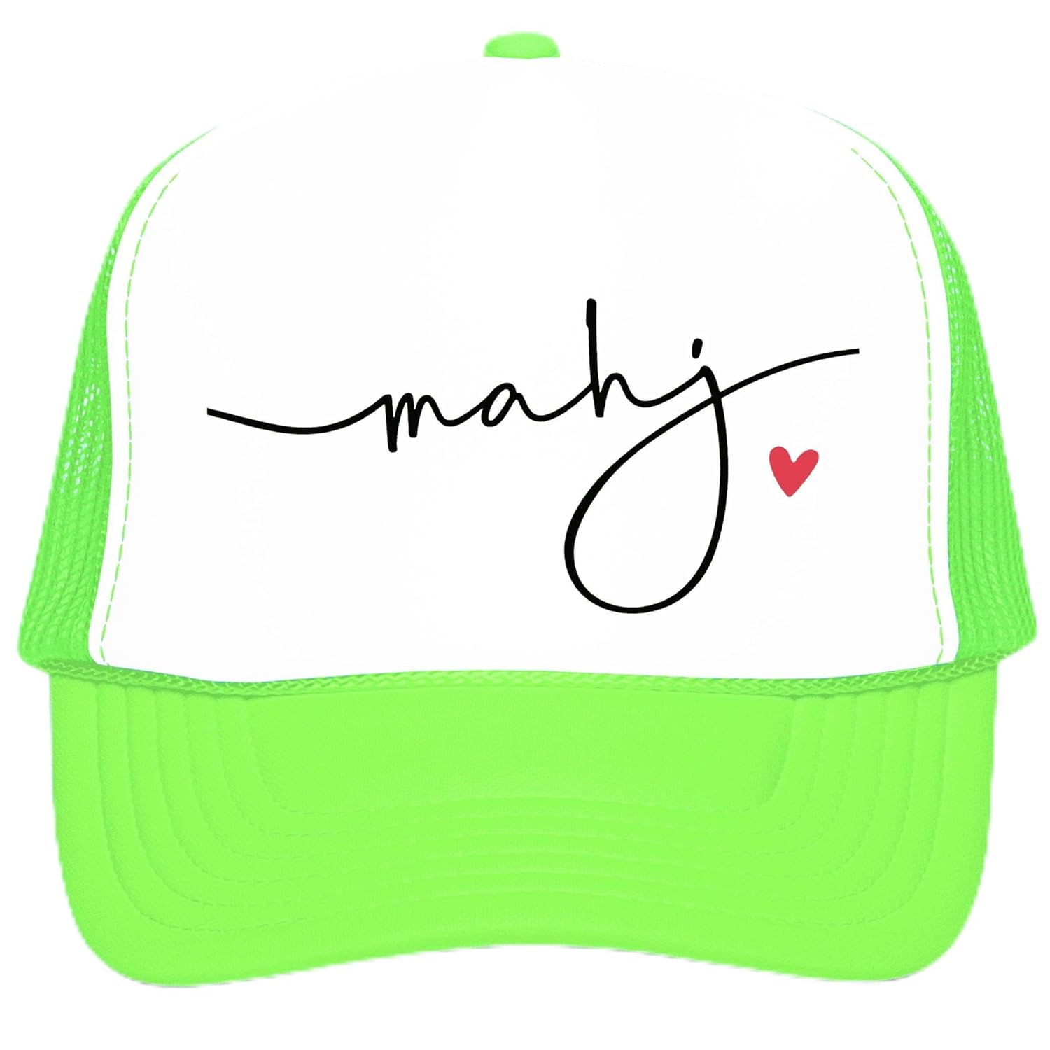 Side view of white and white mahj trucker hat showing mesh back and snapback closure