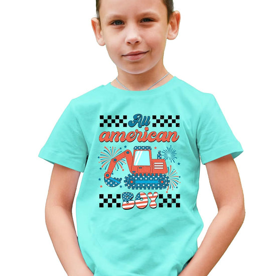 Back view of natural colored All American Boy patriotic shirt for toddlers