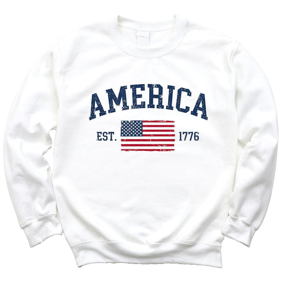 Side view of America Est 1776 sweatshirt showing relaxed fit and ribbed cuffs and hem