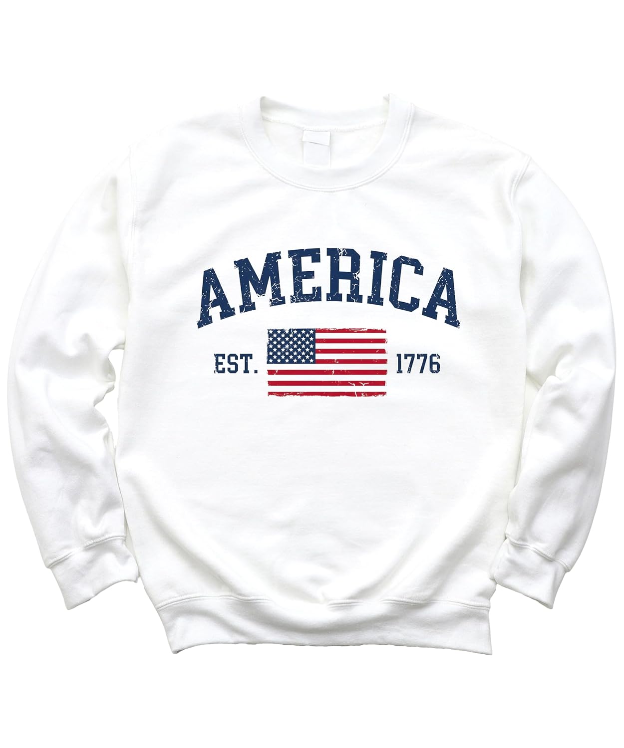 Side view of America Est 1776 sweatshirt showing relaxed fit and ribbed cuffs and hem