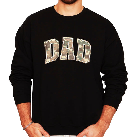 Close-up view of camo dad hunting sweatshirt print detail