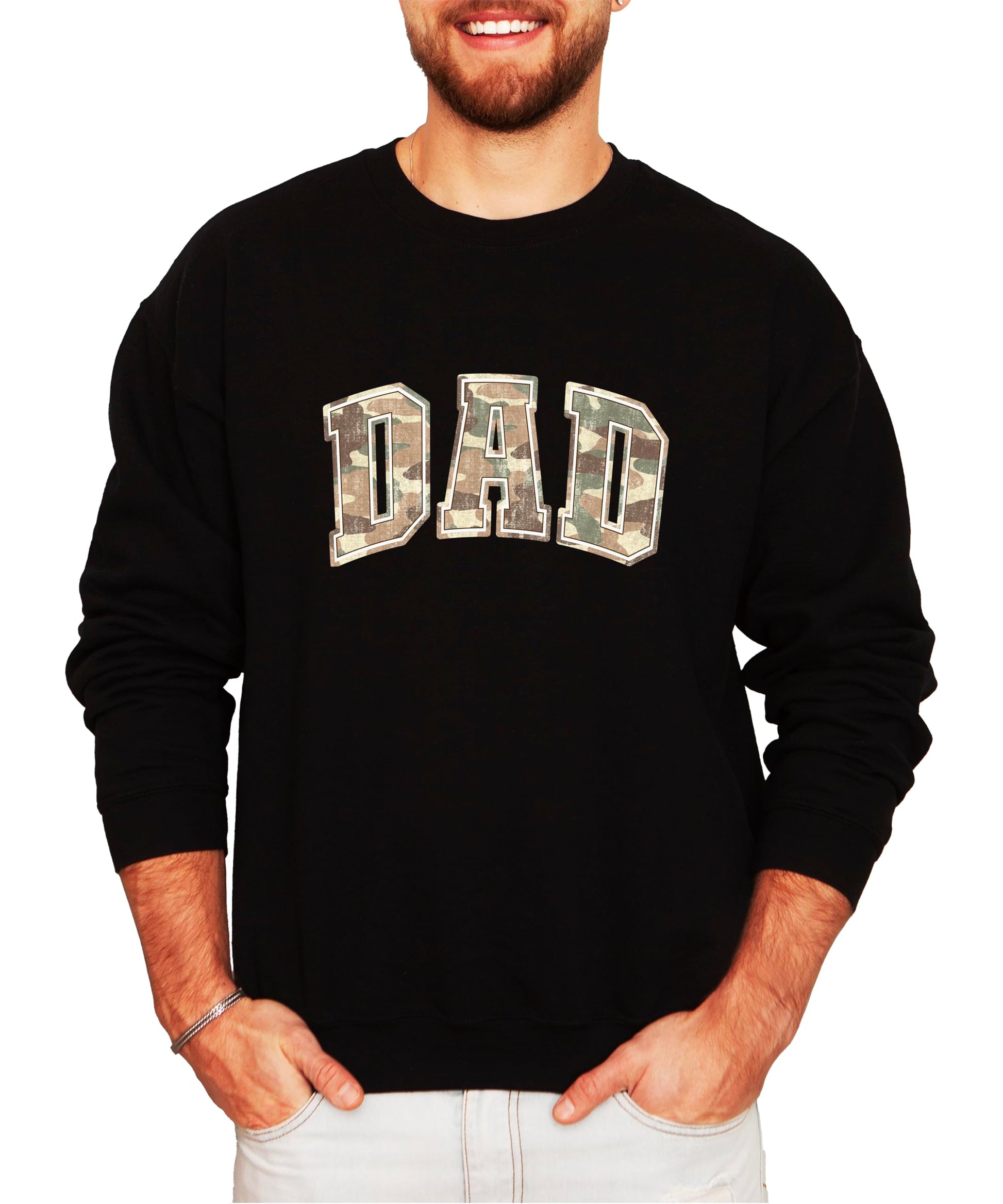 Close-up view of camo dad hunting sweatshirt print detail