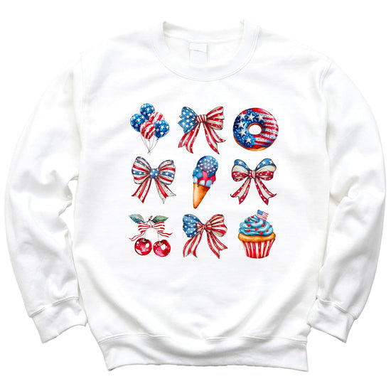 White patriotic crewneck sweatshirt flat lay showing full watercolor design with red white blue summer treats and bows