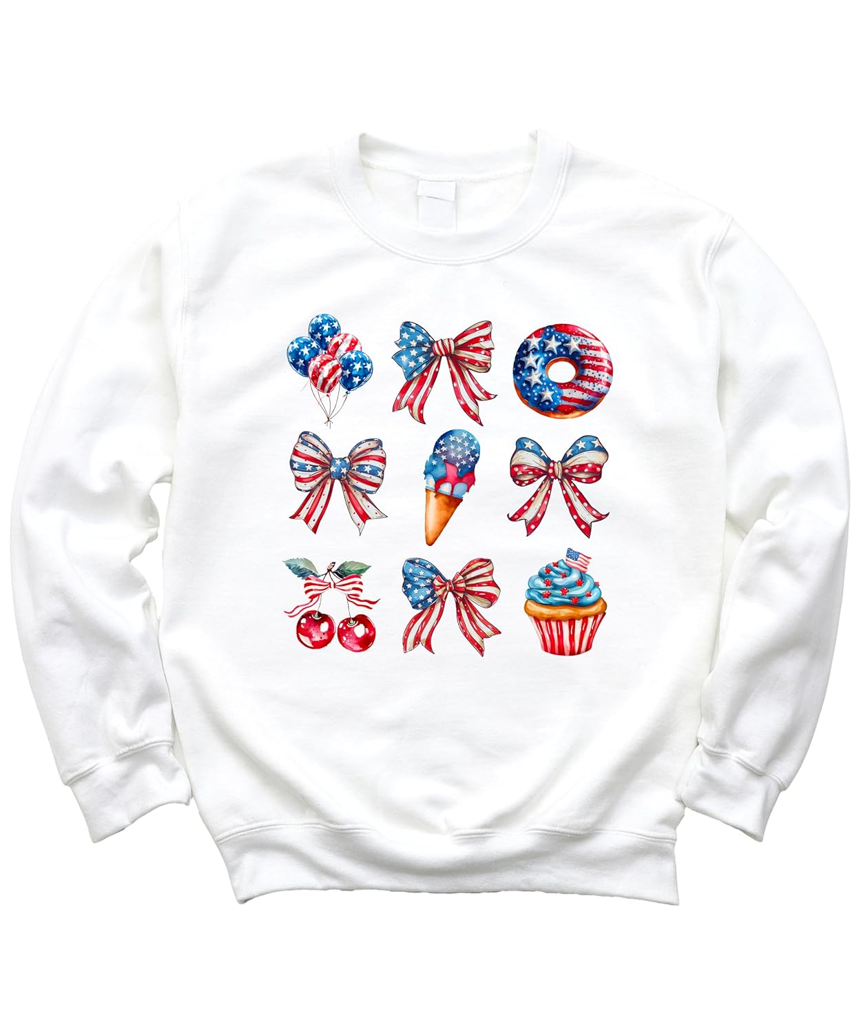 White patriotic crewneck sweatshirt flat lay showing full watercolor design with red white blue summer treats and bows