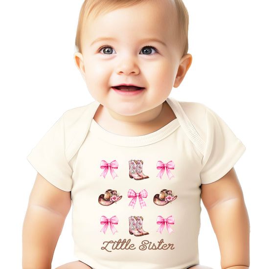Close-up of Little Sister bodysuit showing detailed cowgirl boot and hat design elements
