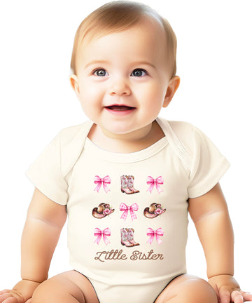 Close-up of Little Sister bodysuit showing detailed cowgirl boot and hat design elements