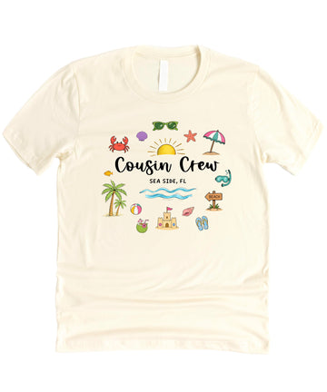 Close-up of hand-lettered Cousin Crew Sea Side FL design with beach ball and flip-flops