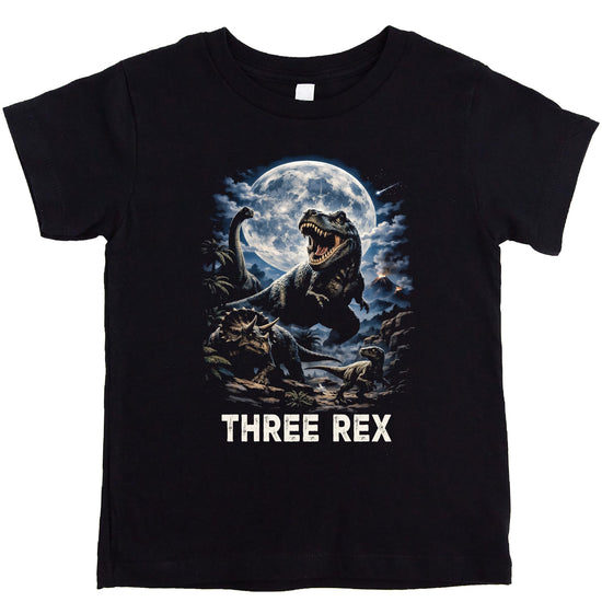 Black Three Rex 3rd birthday toddler shirt with T-Rex dinosaur graphic design