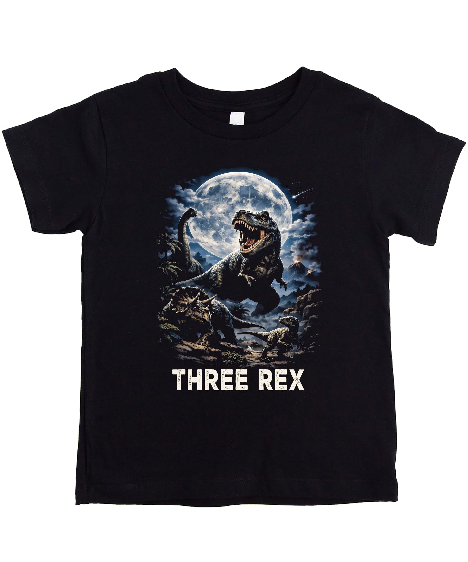 Black Three Rex 3rd birthday toddler shirt with T-Rex dinosaur graphic design