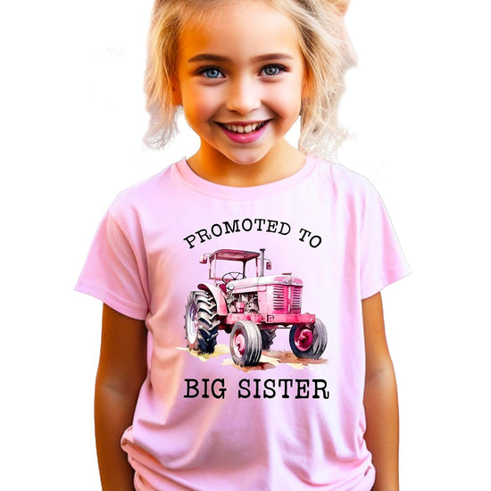 Product mockup showing big sister tractor shirt design variations