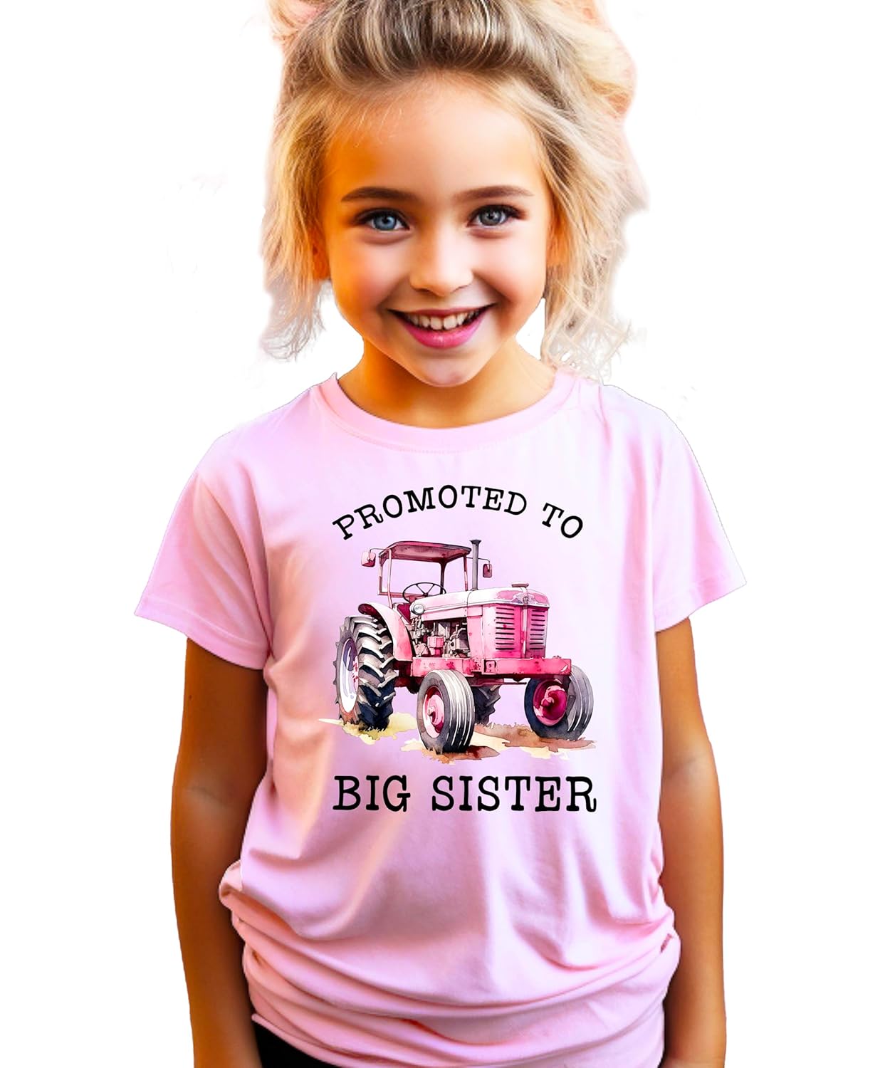 Product mockup showing big sister tractor shirt design variations