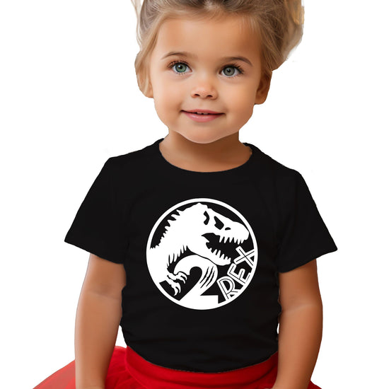 Flat lay of black 2 Rex 2nd birthday shirt displaying full T-Rex graphic design