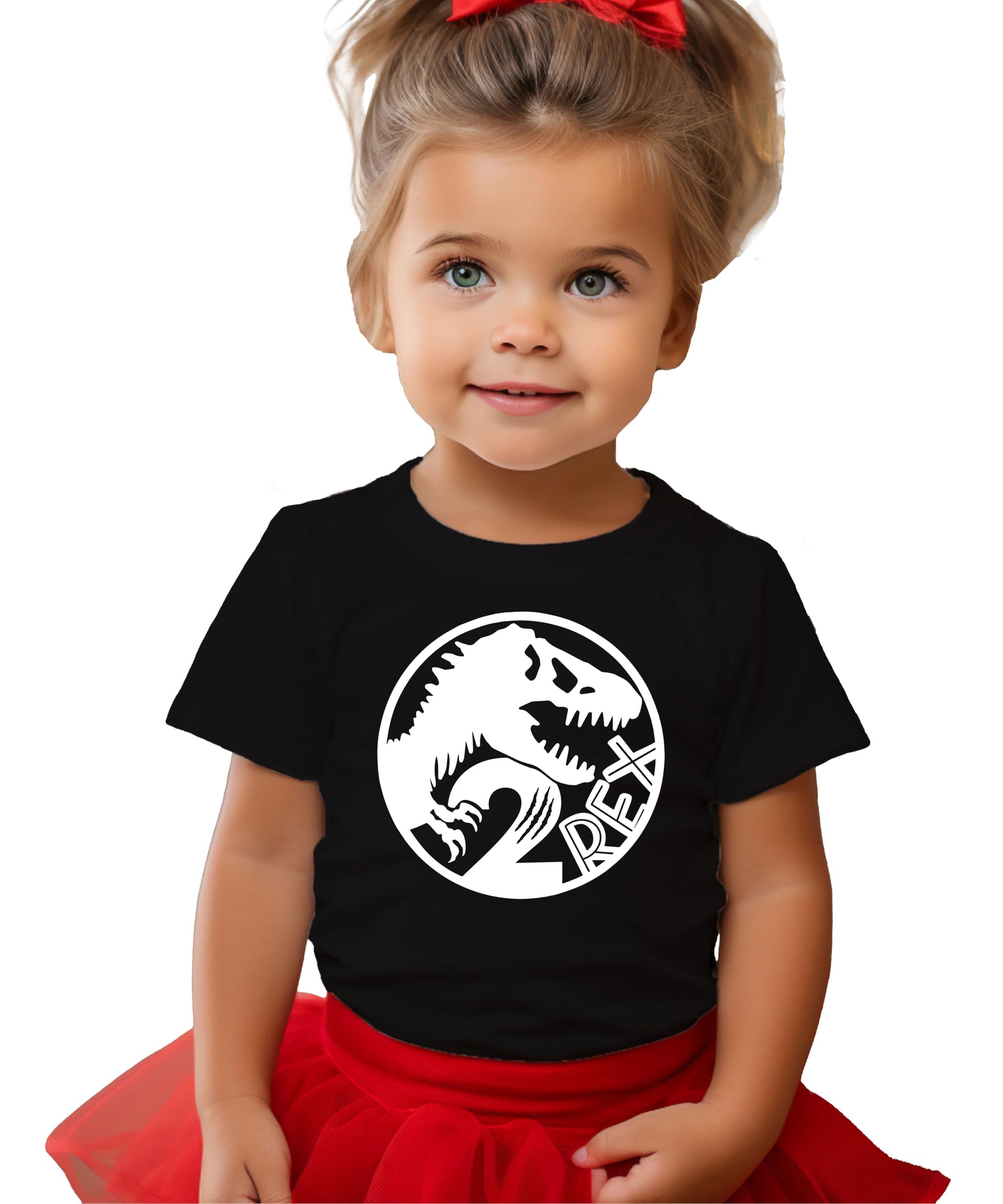 Flat lay of black 2 Rex 2nd birthday shirt displaying full T-Rex graphic design