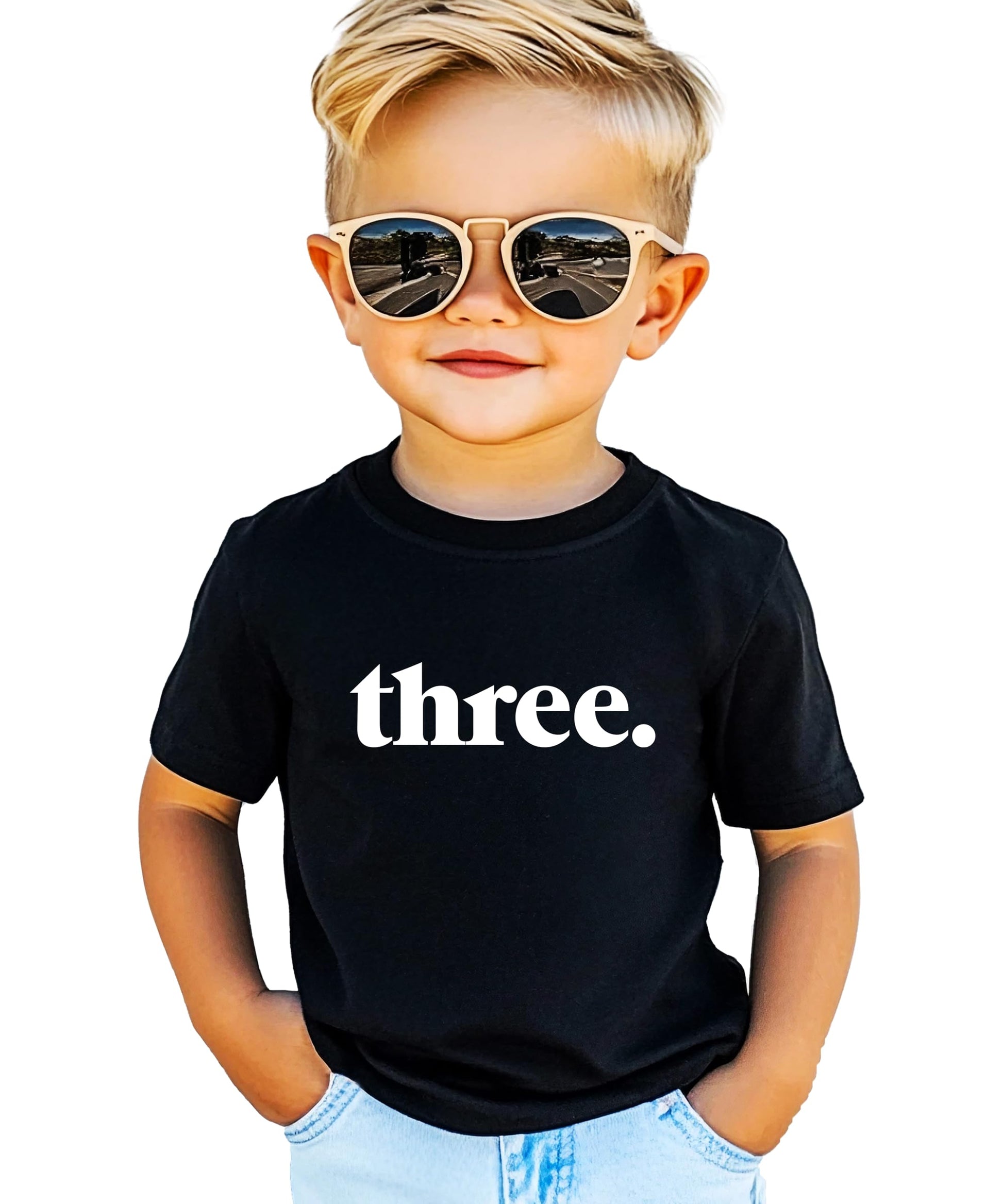 Toddler wearing gray Three period 3rd birthday shirt with minimalist typography