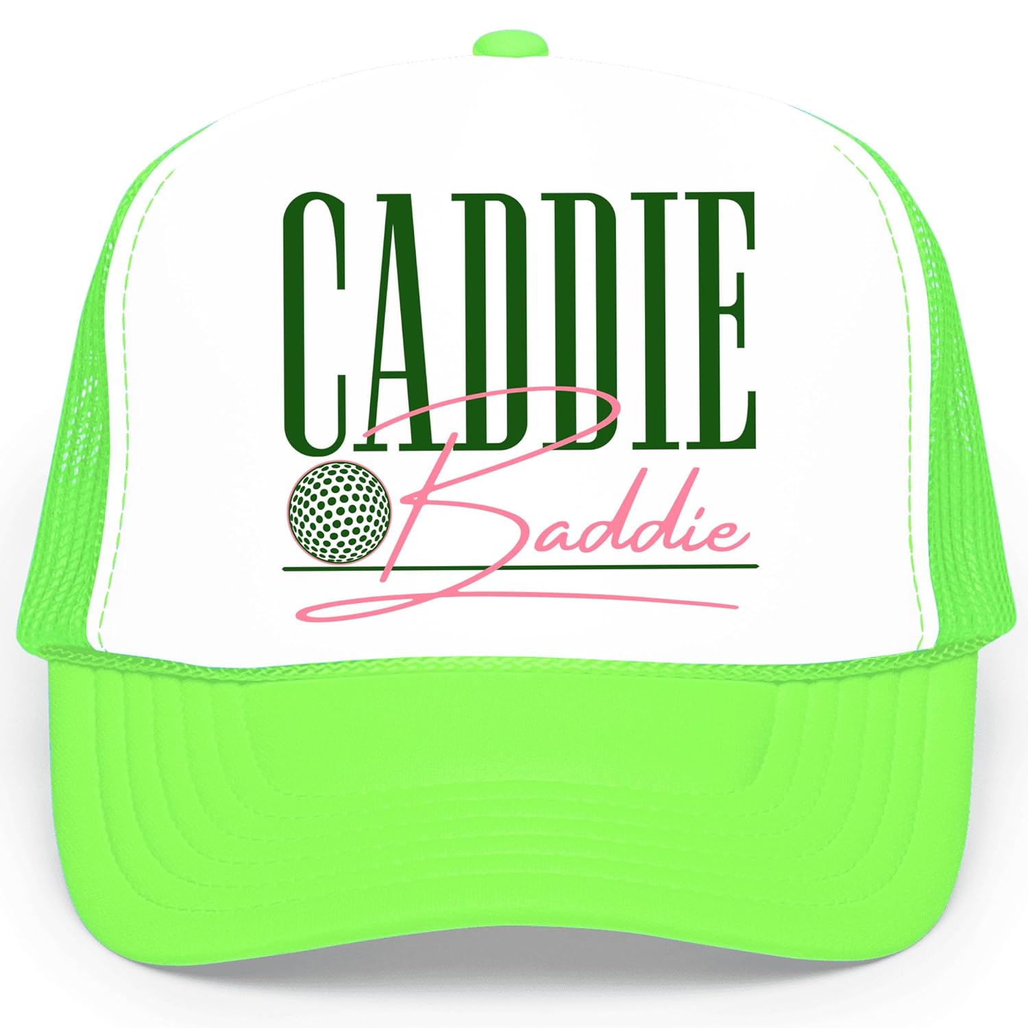 Close-up of Caddie Baddie hat design showing bold green CADDIE text with pink script Baddie and golf ball graphic