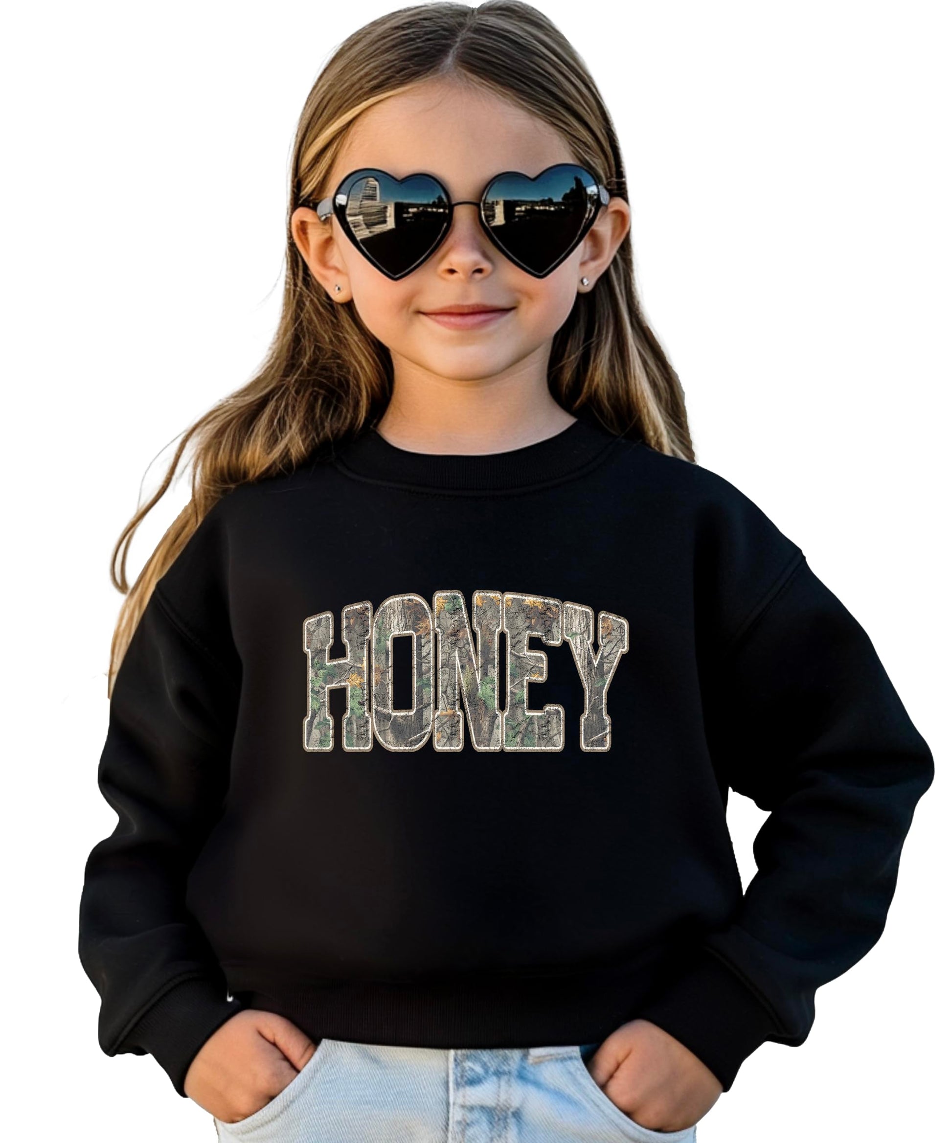 Close-up of Honey Camo graphic design on army green sweatshirt
