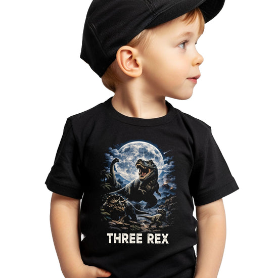 Size chart and product details for Three Rex 3rd birthday toddler shirt