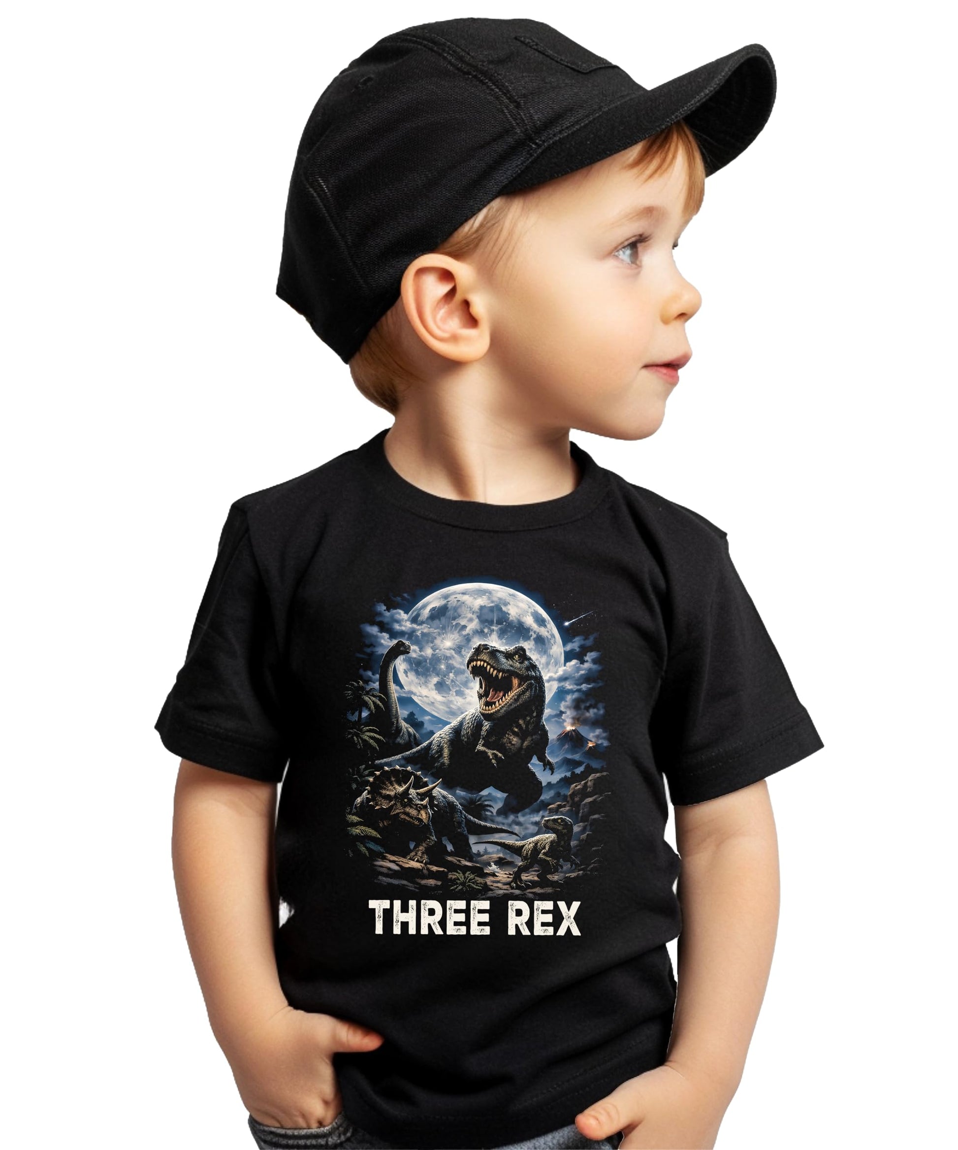 Size chart and product details for Three Rex 3rd birthday toddler shirt