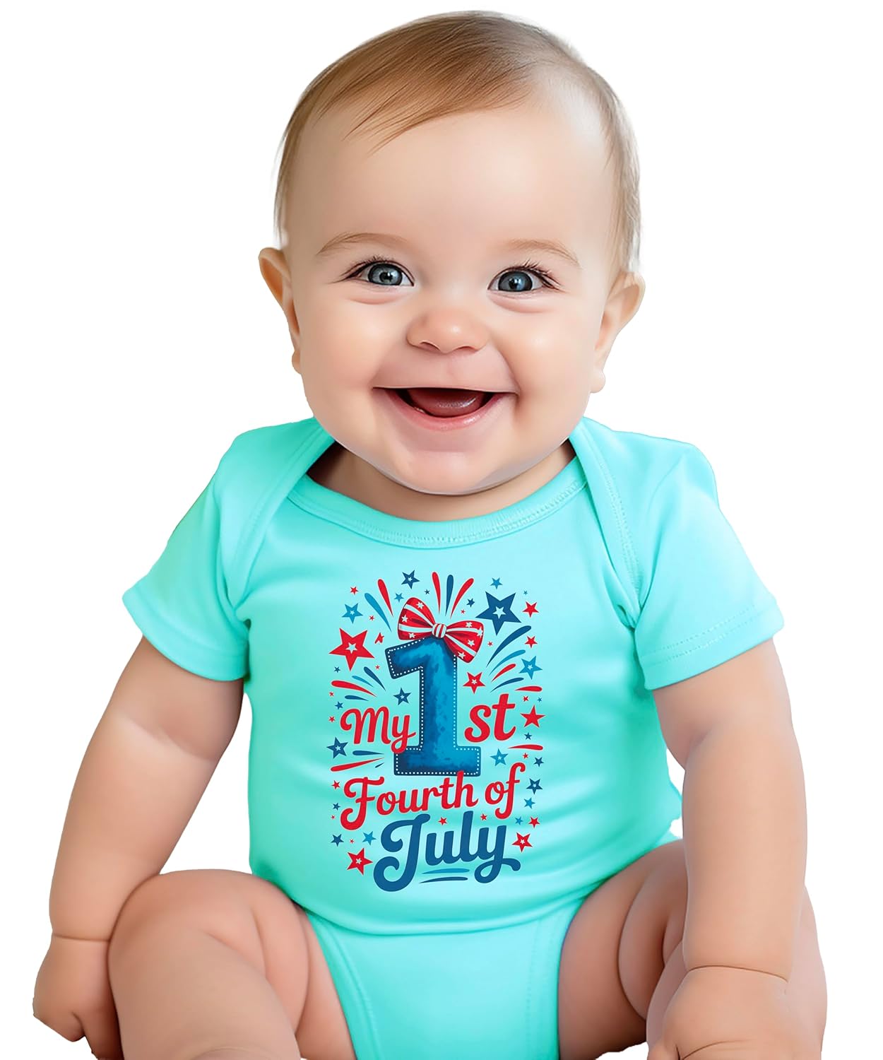 Baby bodysuit flat lay displaying full patriotic design with fireworks bursts and striped bow accent